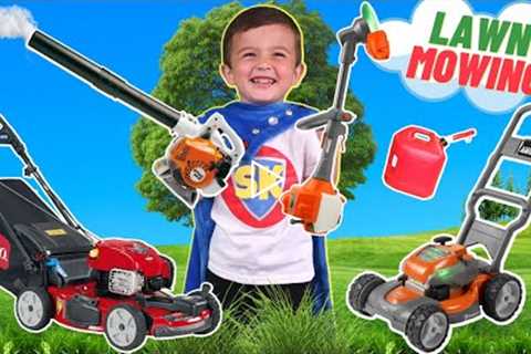 Lawn Mower Obstacle Course for Kids | Weed Eater | Leaf Blower | Grass Cutting Machine | Power Tools
