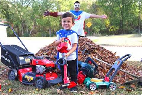 Leaf pile clean up with our lawn mower, weed eater and leaf blower | Lawn mowers for kids