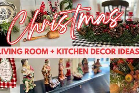 CHRISTMAS DECORATING IDEAS 2023 | CHRISTMAS VINTAGE COZY COTTAGE LIVING ROOM + KITCHEN DECOR IDEAS